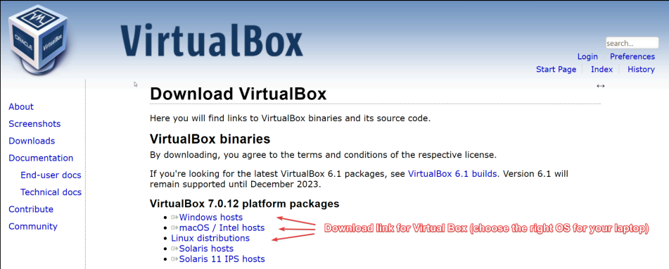 Visual showing Download and install VirtualBox (https://www.virtualbox.org/wiki/Downloads) for your operating system (Windows, macOS, or Linux):