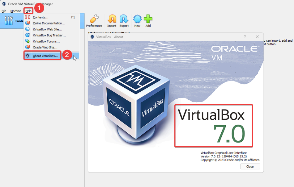 Visual showing After installation, open VirtualBox and confirm its version as shown: