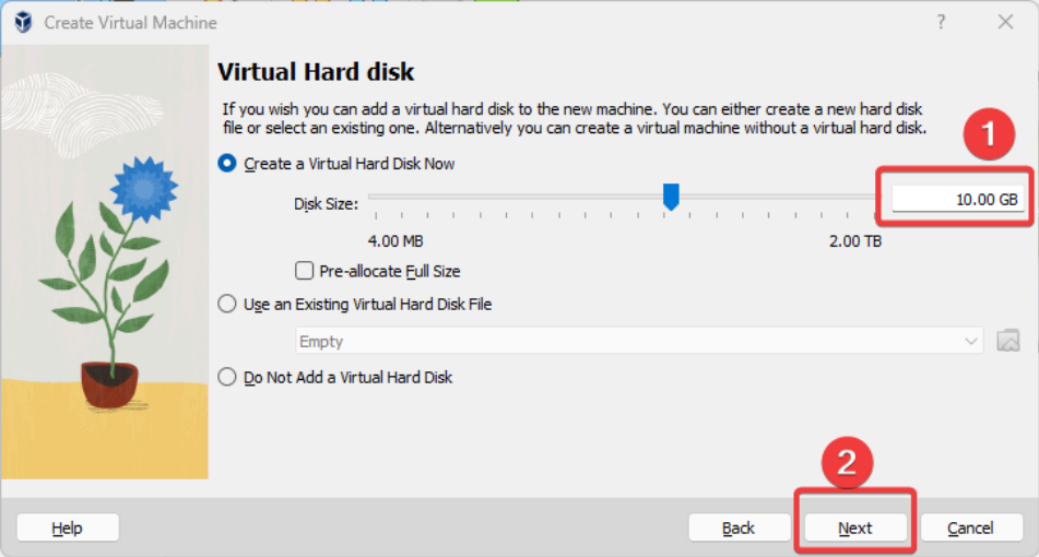 Visual showing Create a virtual hard disk and allocate at least 10 GB for this lab:
