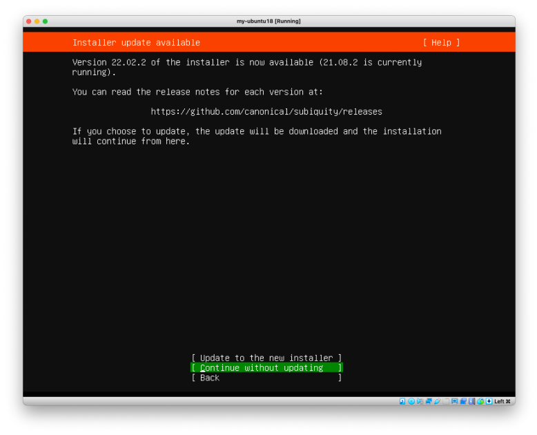 Visual showing Press Enter to continue without updating the installer: