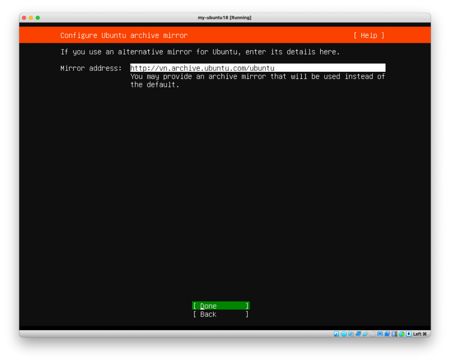 Visual showing We will use the default mirror so press Enter to skip it: