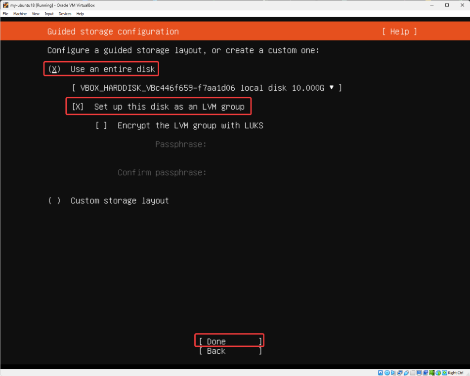 Visual showing Use the virtual disk space allocated earlier, then select Done: