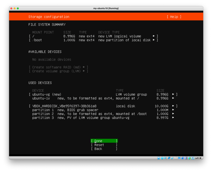 Visual showing Accept Ubuntu’s automatic partitioning, then select Done: