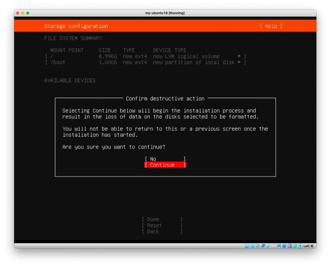 Visual showing Select Continue to confirm that the virtual disk may be erased and used for Ubuntu: