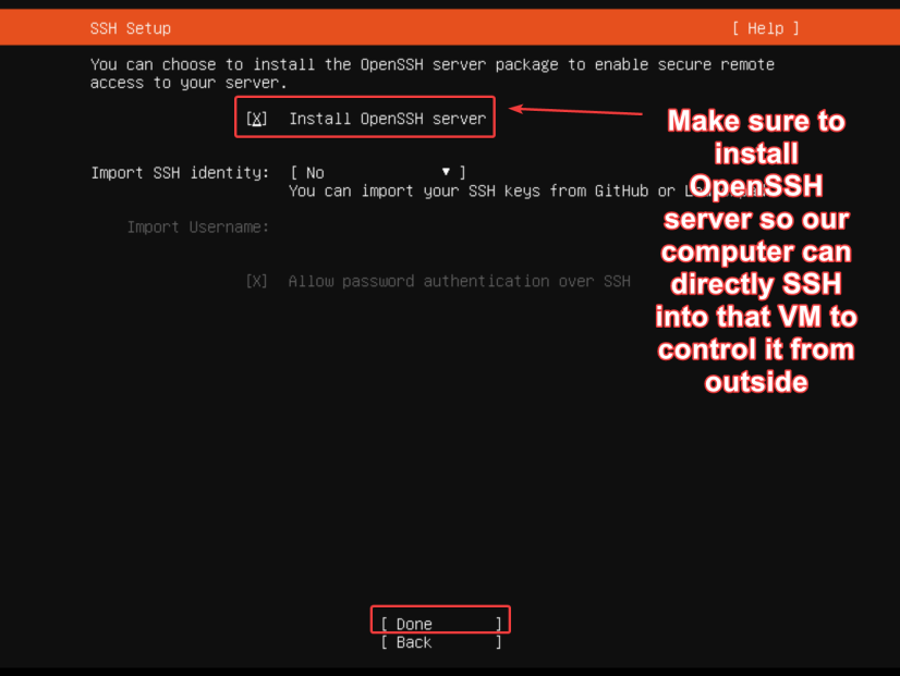 Visual showing [Important] Please check the option to install OpenSSH so your host computer can later connect to the VM: