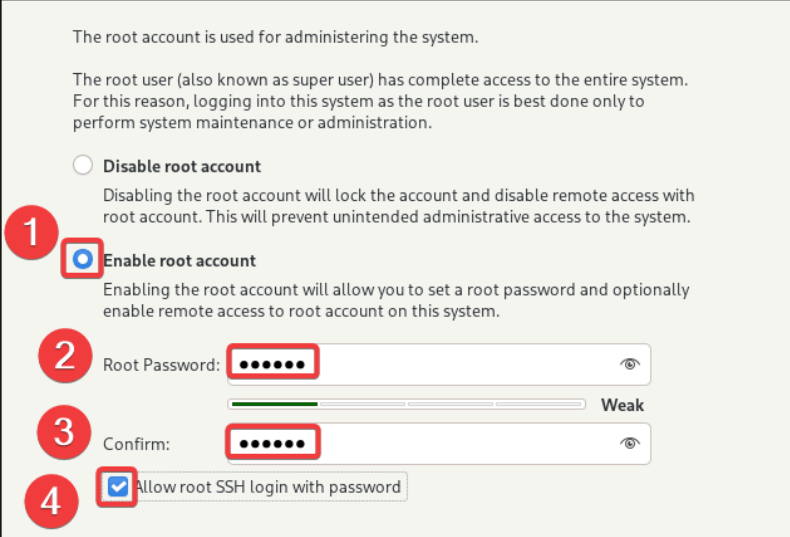 Visual showing Make sure you tick on the option “Allow root SSH login with password”