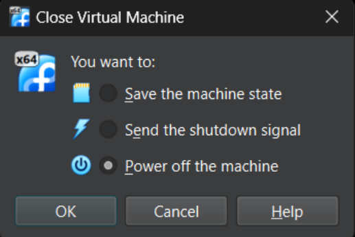 Visual showing To shut down a VirtualBox VM, close its window and choose the shutdown option: