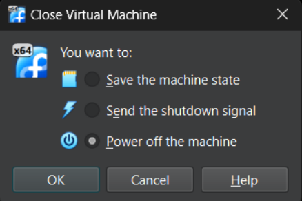 Visual showing To shut down a VirtualBox VM, close its window and choose the shutdown option: