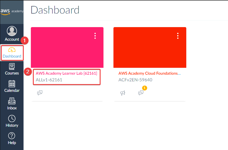 Visual showing In the AWS Academy Dashboard, click on the Learner Lab you wish to use. Students invited to more than one course/learner lab will see multiple tiles on the d...