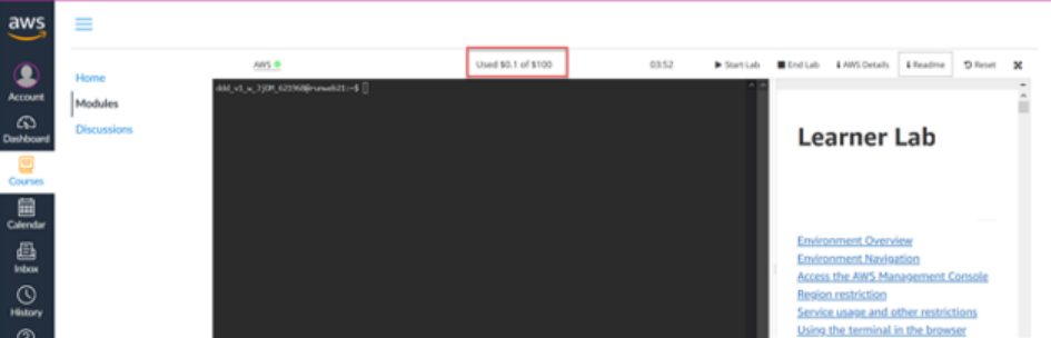 Visual showing Note: If you spend the entire budget, you will lose all of your work, and the system will deactivate your temporary AWS account. Your $50 budget is sufficien...