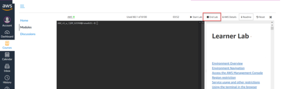 Visual showing Important: If you created and started other AWS resources such as a NAT gateway or Amazon Relational Database Service (Amazon RDS) database, those resources...