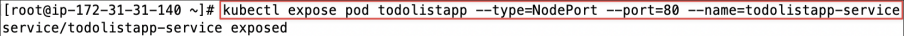 Screenshot illustrating kubectl expose pod todolistapp --type=NodePort --port=80 --name=todolistapp-service
