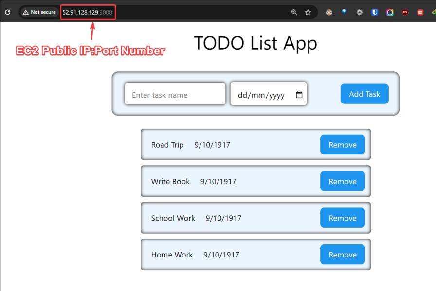 Screenshot illustrating You can see the website via the port number 3000 from the public IP EC2 instance: