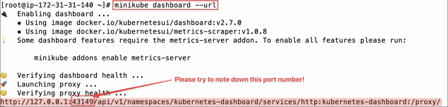 Screenshot illustrating minikube dashboard --url