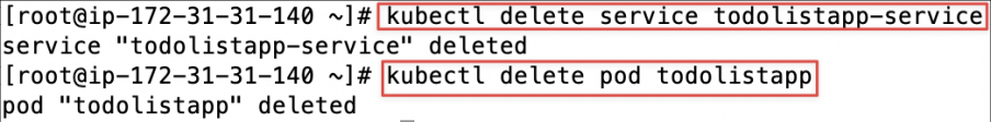 Screenshot illustrating kubectl delete service todolistapp-service kubectl delete pod todolistapp