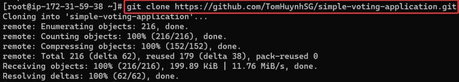 Screenshot illustrating yum install git -y git clone https://github.com/TomHuynhSG/simple-voting-application.git