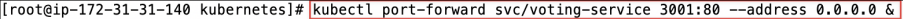 Screenshot illustrating kubectl port-forward svc/voting-service 3001:80 --address 0.0.0.0 &