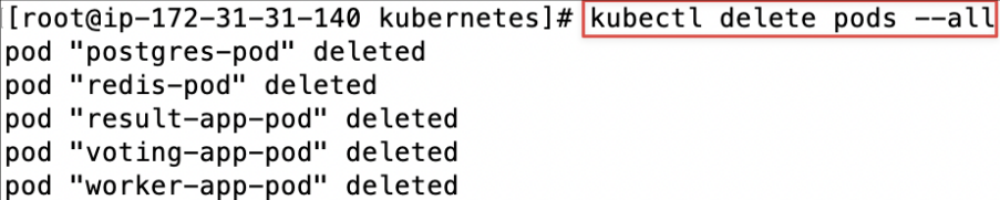 Screenshot illustrating kubectl delete pods --all