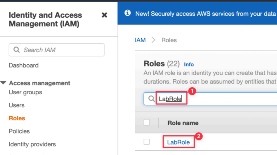 Screenshot illustrating Let's find more information about this special IAM role “LabRole”: (2 of 2)