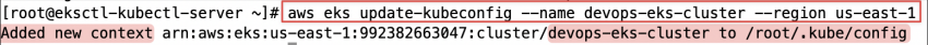 Screenshot illustrating aws eks update-kubeconfig --name devops-eks-cluster --region us-east-1