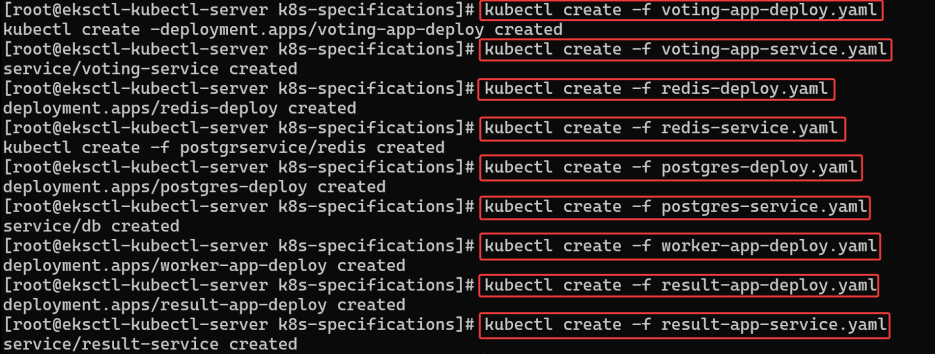 Screenshot illustrating kubectl create -f voting-app-deploy.yaml kubectl create -f voting-app-service.yaml kubectl create -f redis-deploy.yaml kubectl create -f redis-service.yaml kubectl create