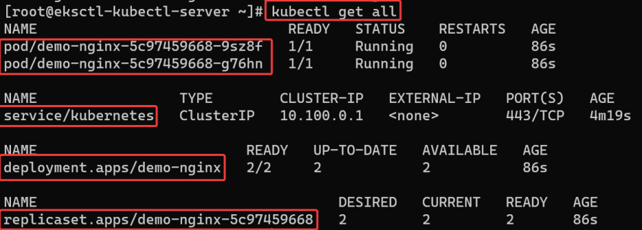 Screenshot illustrating kubectl get all