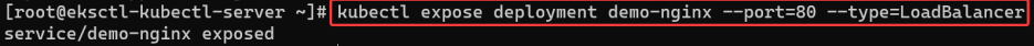 Screenshot illustrating kubectl expose deployment demo-nginx --port=80 --type=LoadBalancer (1 of 2)