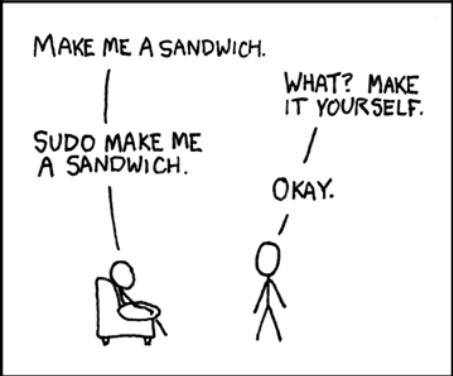 Visual showing Question: what does “sudo” do? When do we need to use it to run commands?