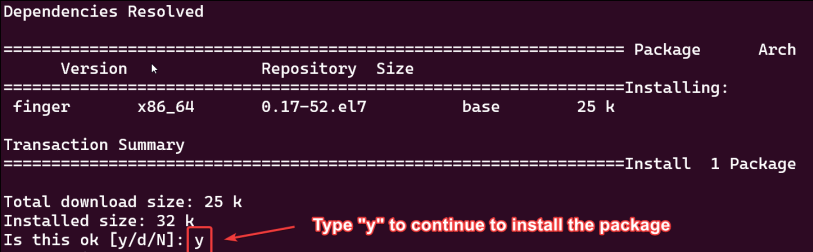 Visual showing sudo yum install finger