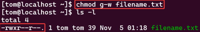 Visual showing chmod g-w filename.txt