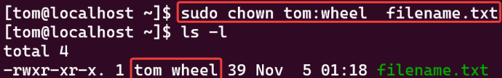 Visual showing sudo chown tom:wheel filename.txt