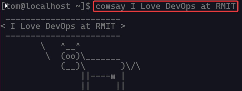 Visual showing cowsay I Love DevOps at RMIT