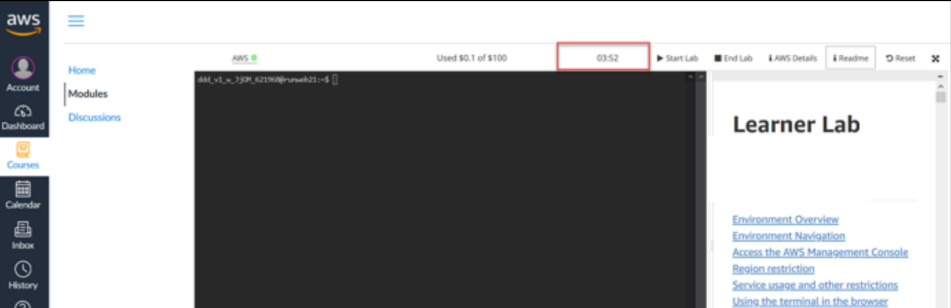 Screenshot illustrating working and you need more time, you can reset your session timer by pressing Start Lab again.