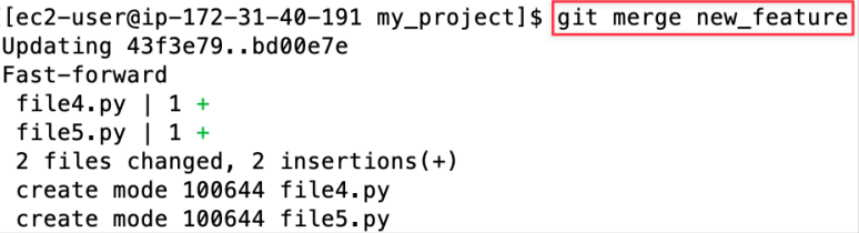 Screenshot illustrating git merge new_feature