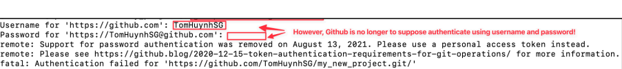 Screenshot illustrating GitHub no longer supports password-based authentication for Git operations: