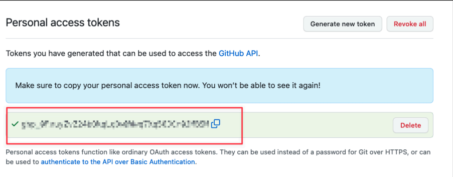 Screenshot illustrating Remember to copy this personal access token somewhere safe!