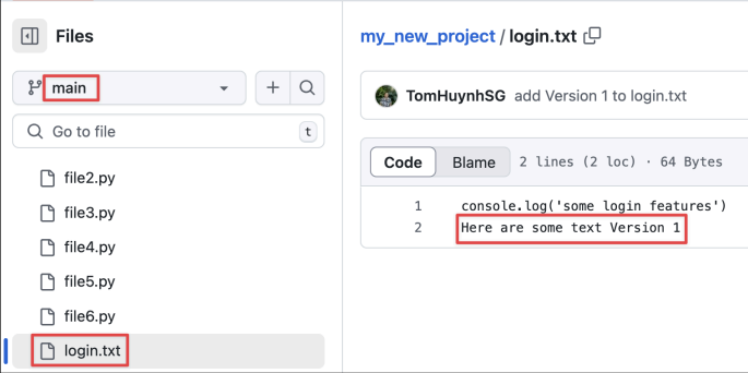 Screenshot illustrating Confirm the change on the main branch: