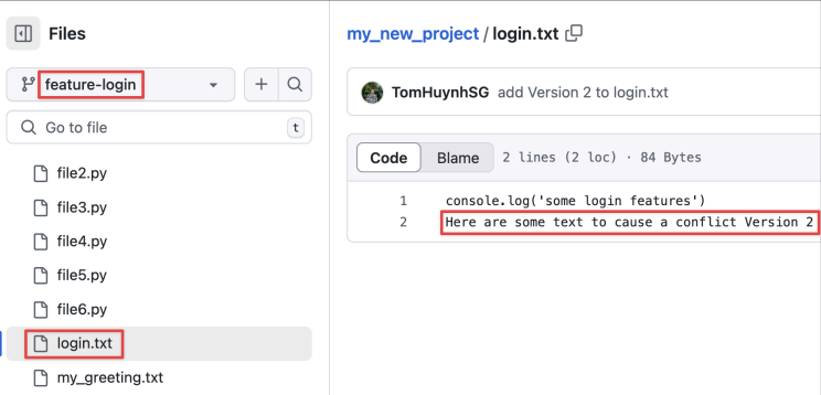 Screenshot illustrating Confirm the change on the feature-login branch:
