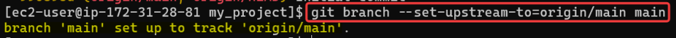 Screenshot illustrating git branch --set-upstream-to=origin/main main