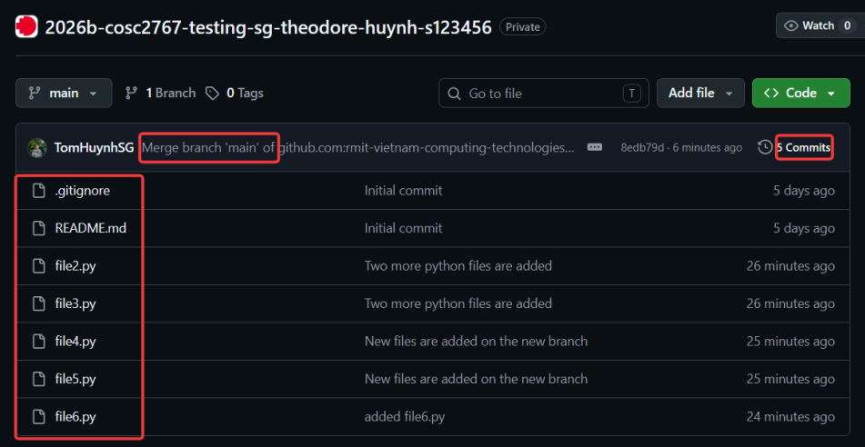 Screenshot illustrating The merge commit that combined the local and remote histories.