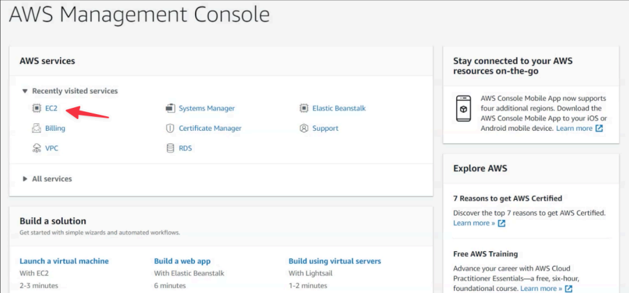 Screenshot illustrating First, let's open the AWS console: