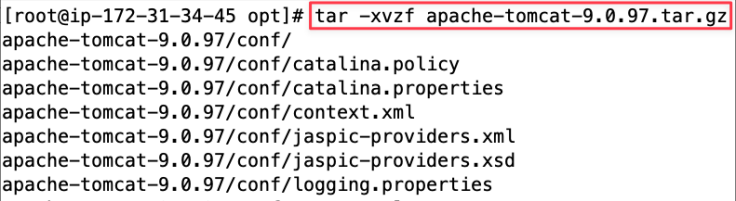Screenshot illustrating tar -xvzf apache-tomcat-9.x.xx.tar.gz