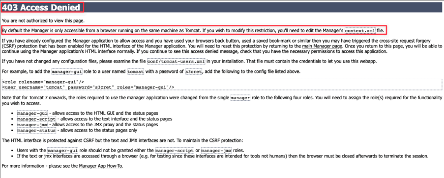 Screenshot illustrating However, when you try to access Manager App of Tomcat, your access will be denied :