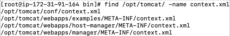 Screenshot illustrating find /opt/tomcat/ -name context.xml (1 of 2)
