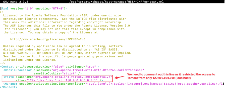 Screenshot illustrating nano /opt/tomcat/webapps/host-manager/META-INF/context.xml