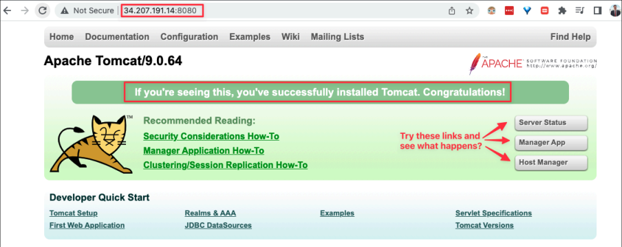 Screenshot illustrating You can check out Tomcat Dashboard Web UI by typing the URL in the browser again: