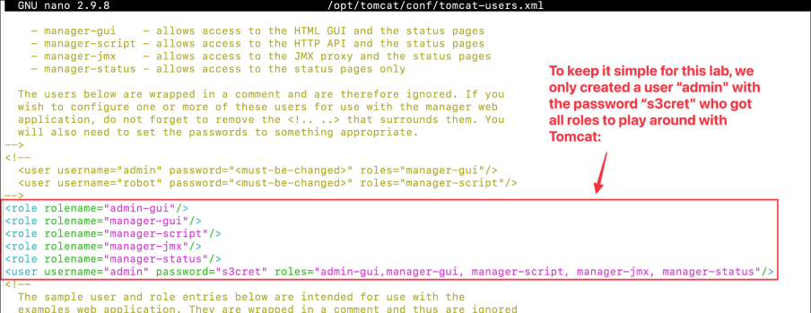 Screenshot illustrating <role rolename="admin-gui"/> <role rolename="manager-gui"/> <role rolename="manager-script"/> <role rolename="manager-jmx"/> <role rolename="manager-status"/> <user usern