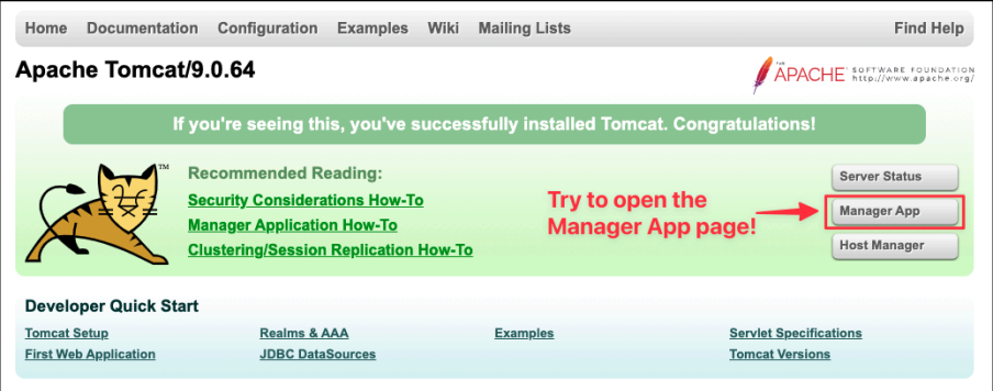 Screenshot illustrating Check out the Tomcat Manager Web UI again here to access the website:
