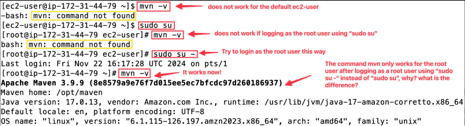Screenshot illustrating Use sudo su - and confirm that the command works in this context.