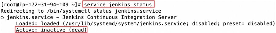 Screenshot illustrating You should see that the status of jenkins is currently inactive (dead):